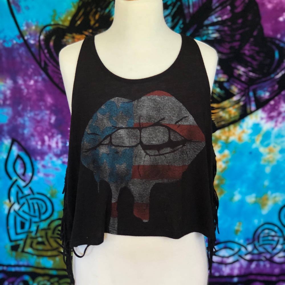 4th of July Red White & Blue Lips Black Crop Top